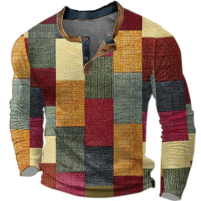 Graphic Plaid Color Block Fashion Designer Basic Men's 3D Print Waffle Henley Shirt Casual Style Classic Style Outdoor Daily T shirt Yellow Blue Green Long Sleeve Henley Shirt Spring & Fall Clothing