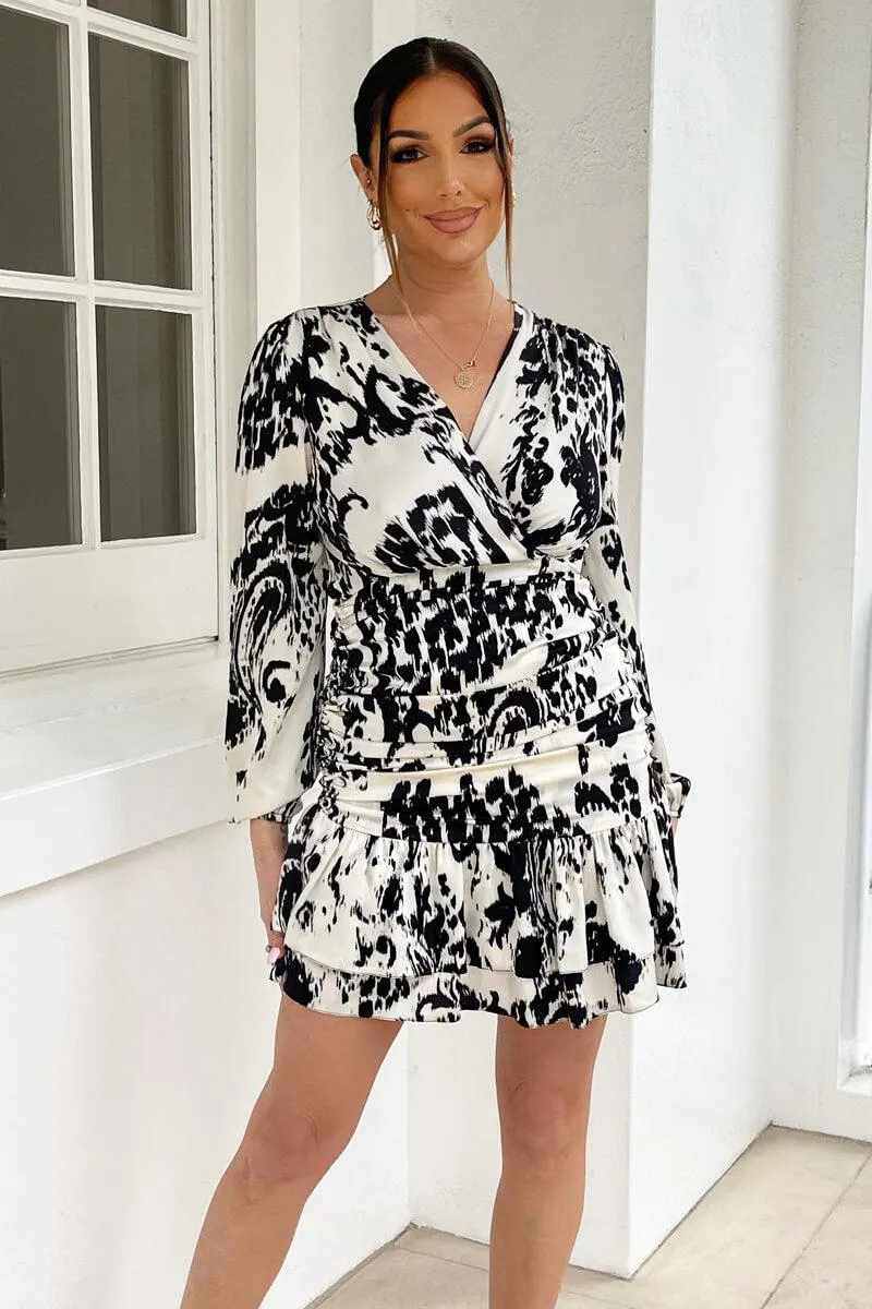 Black And Cream Printed Wrap Top Ruched Mini Dress