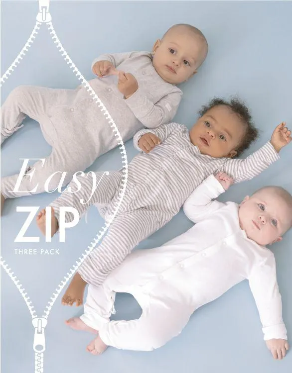 Easy Zip Cotton Unisex Sleepsuit – 3 Pack