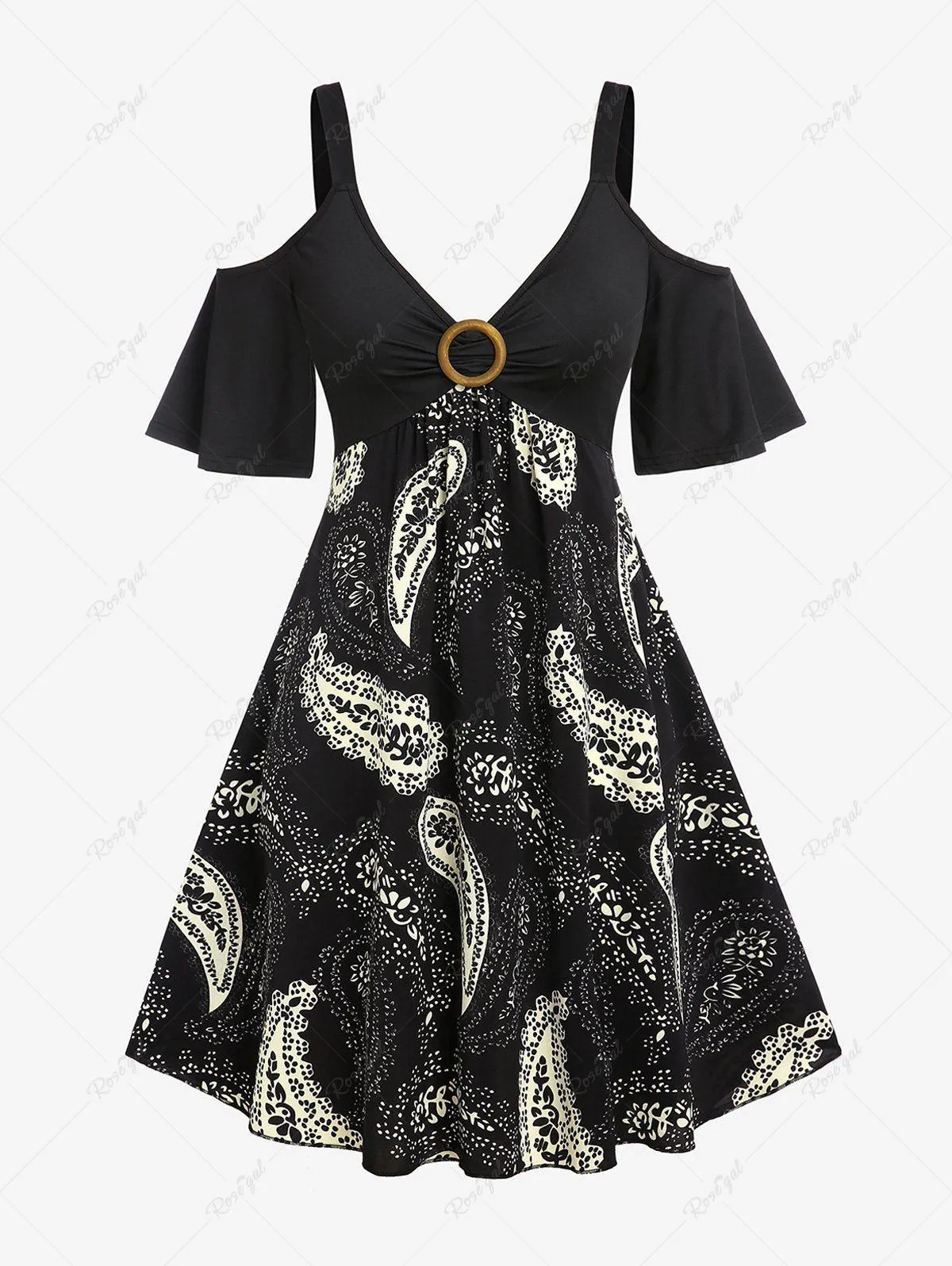Plus Size Cold Shoulder Paisley Print A Line Dress - M | Us 10