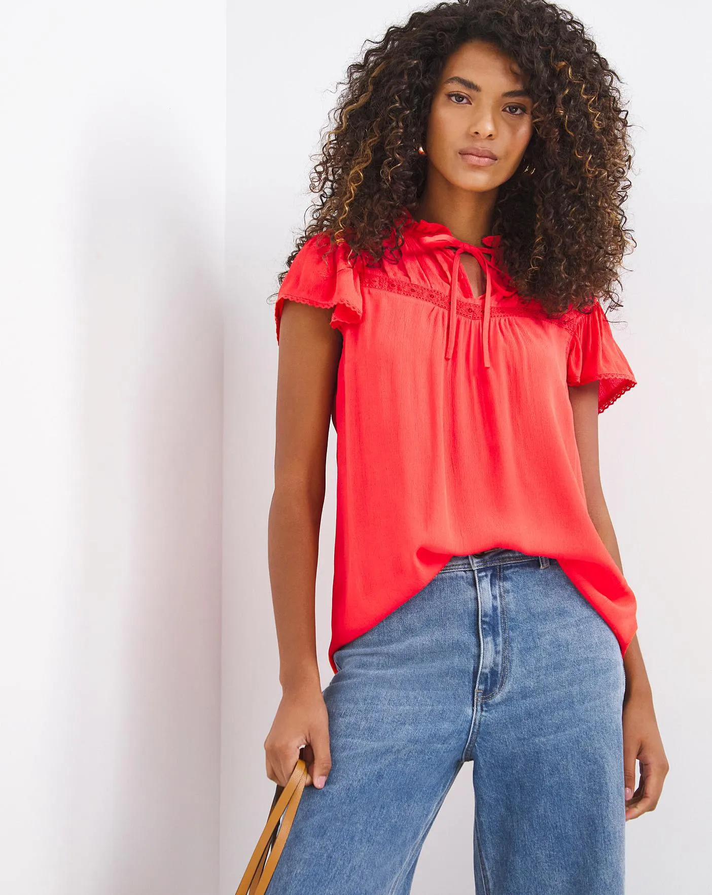 Red Short Sleeve Tie Neck Pleated Yoke Top