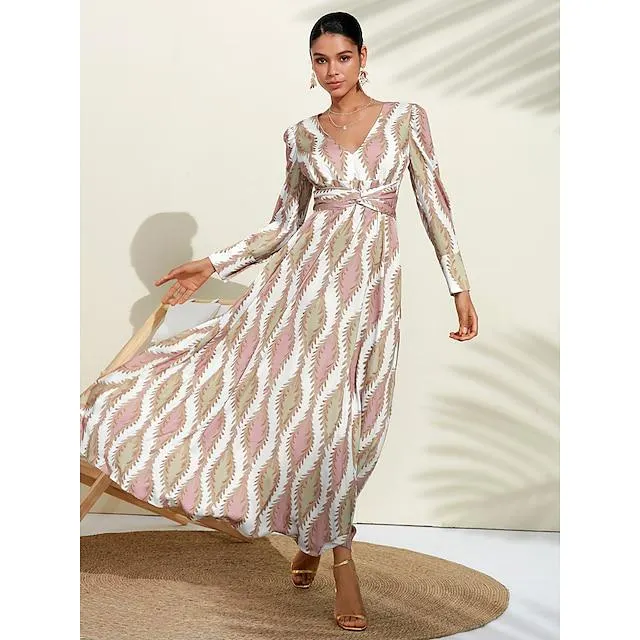 Women's Hem Maxi Satin Maxi Maxi Dress White Long Sleeve Plants Pattern Flower / Plants Button Plant Spring V Neck Flying Dress S M L