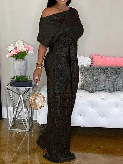 Black Off Shoulder Tie Waist Jumpsuit