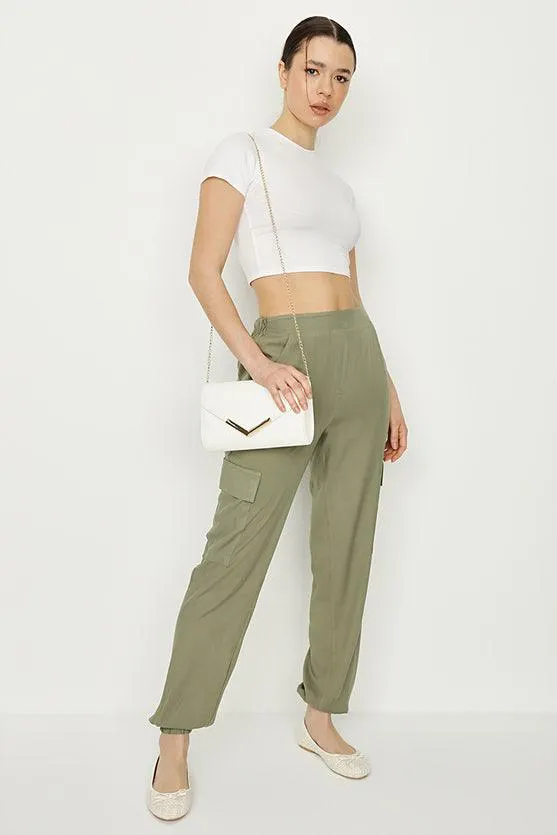Spring Khaki Cargo Cuffed Hem Trousers