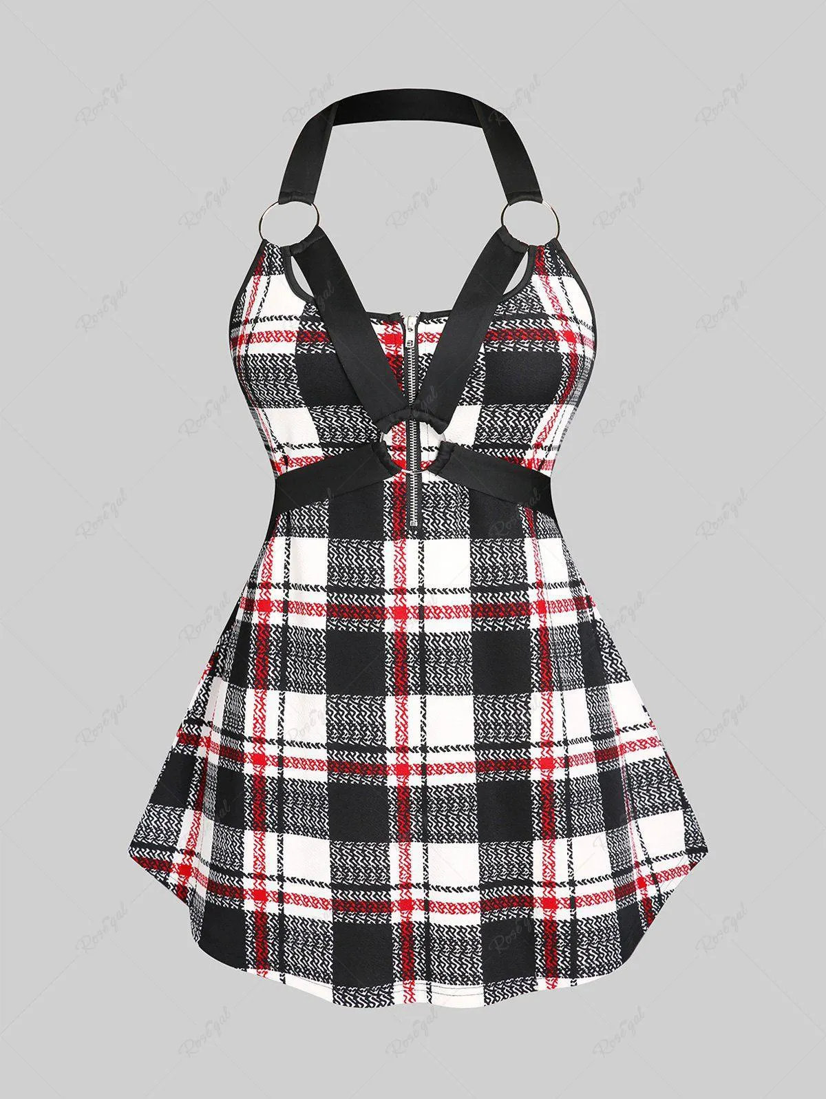 Plus Size & Curve Gothic O Ring Harness Plaid Backless Tank Top - M | Us 10