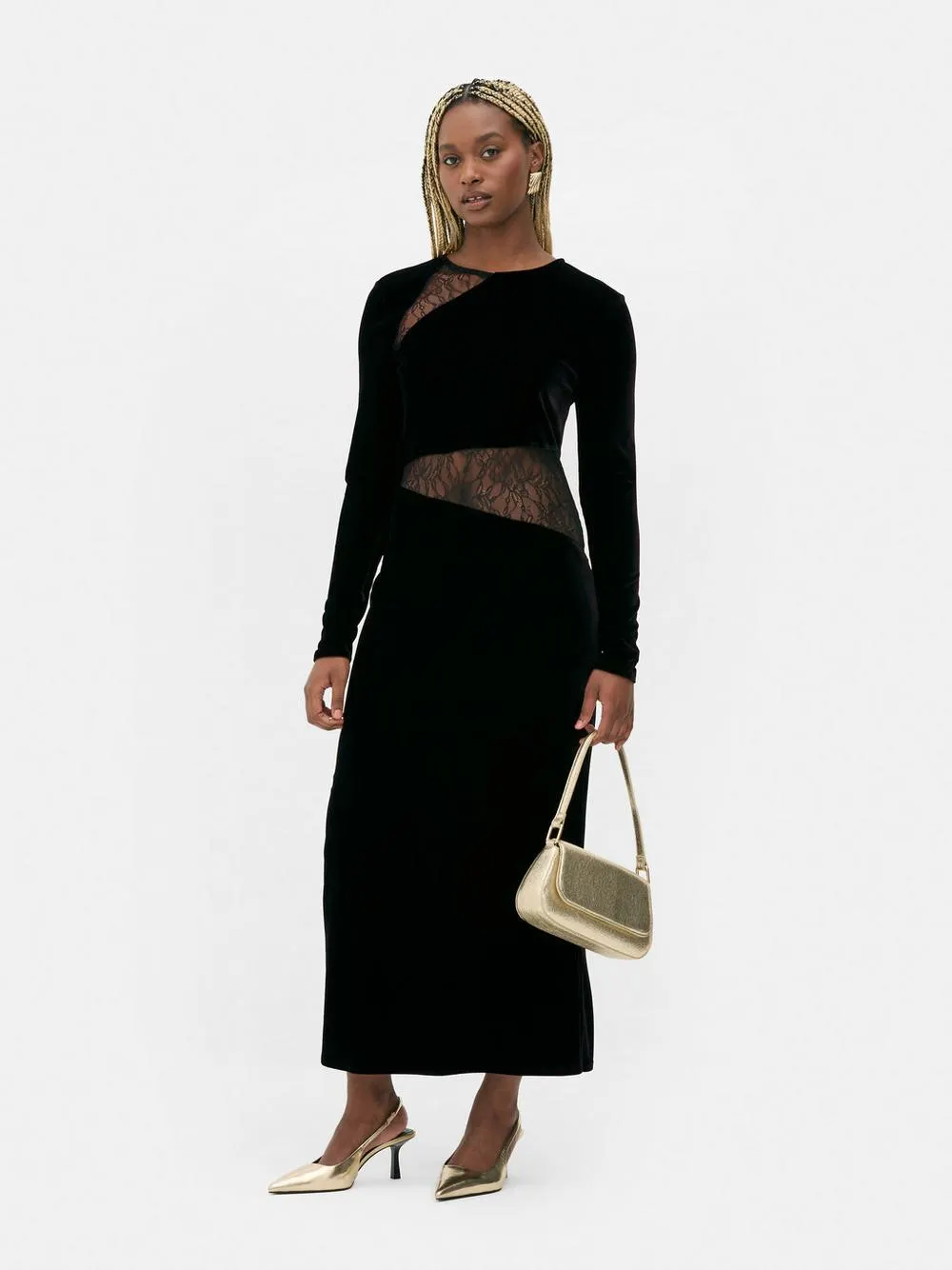 Vestido midi de terciopelo con inserción de encaje