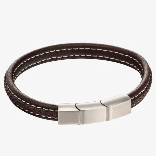 Fred Bennett Stainless Steel Brushed Finish Brown Leather Plaited Bracelet B5120