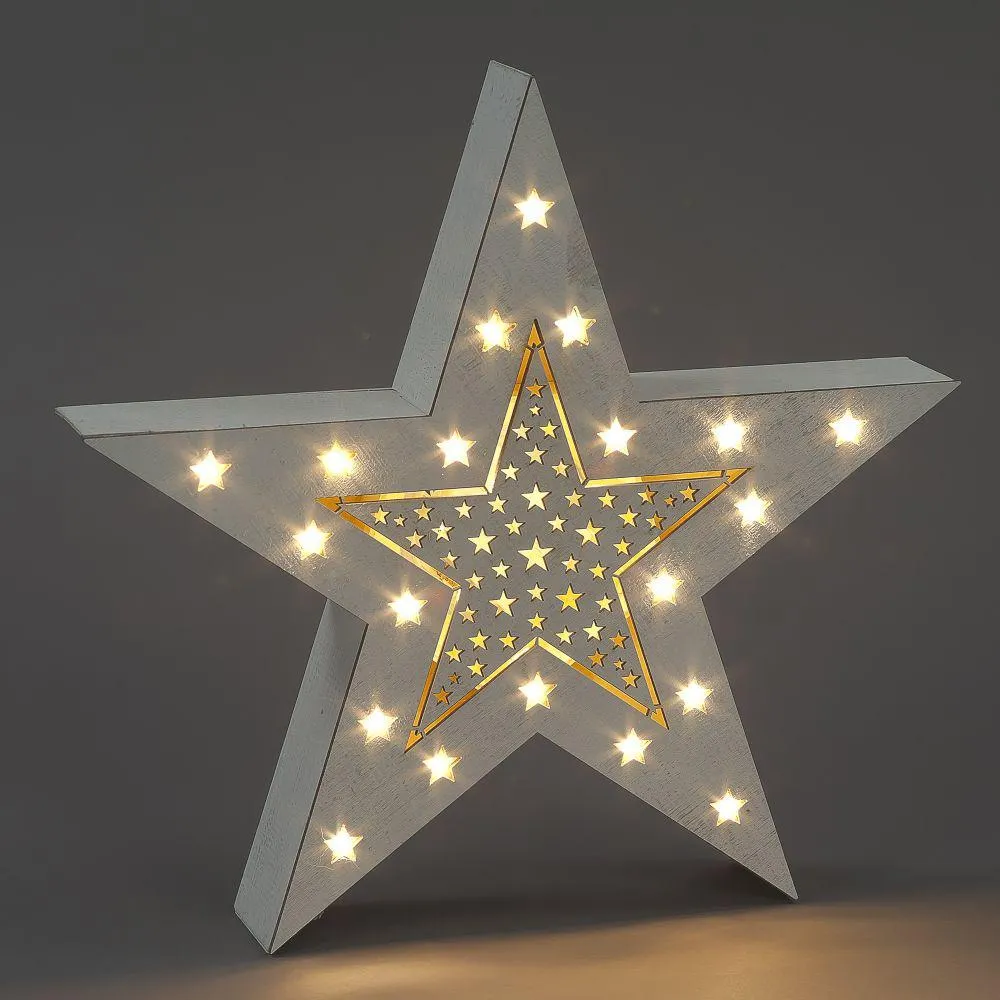 Battery Operated Wooden White Washed Christmas Star (34cm)
