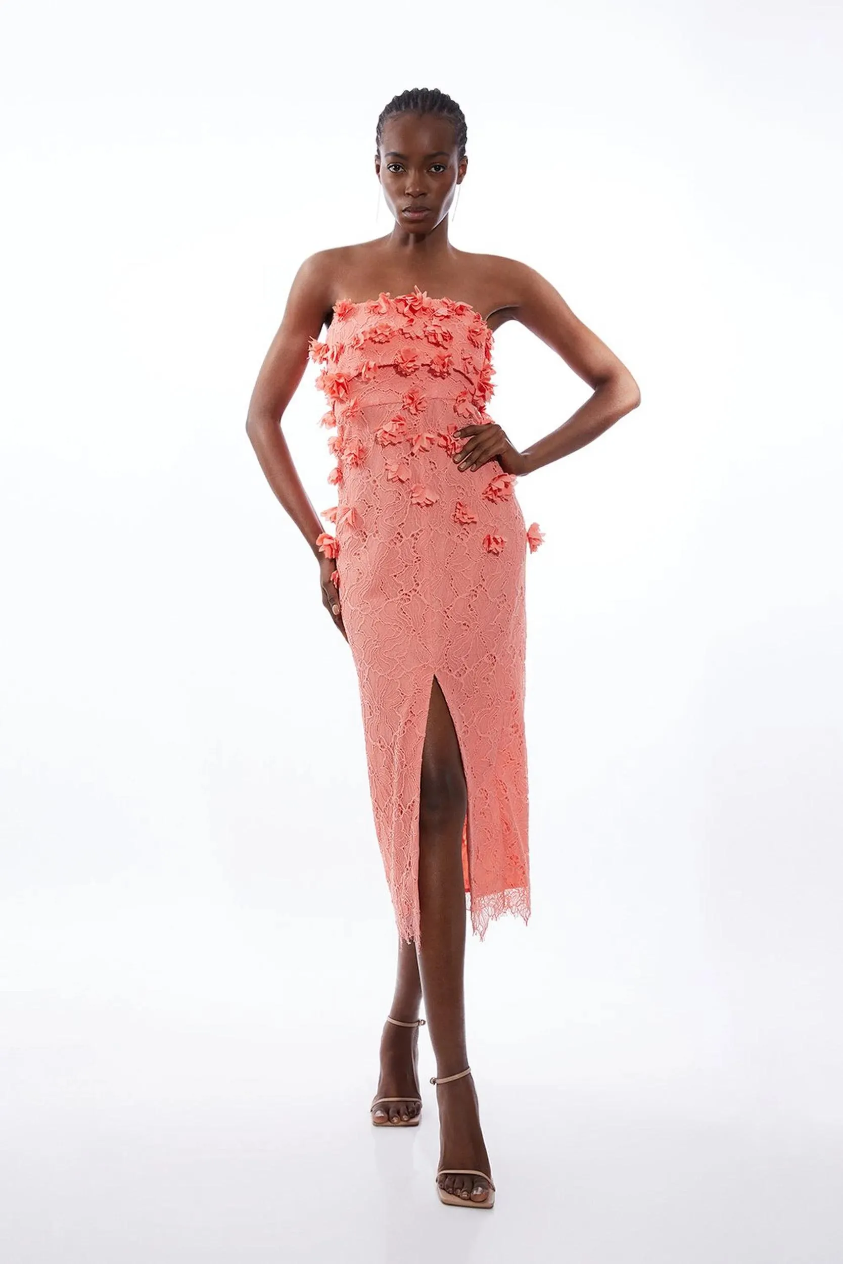 Petal Floral Applique On Lace Woven Bandeau Midi Dress