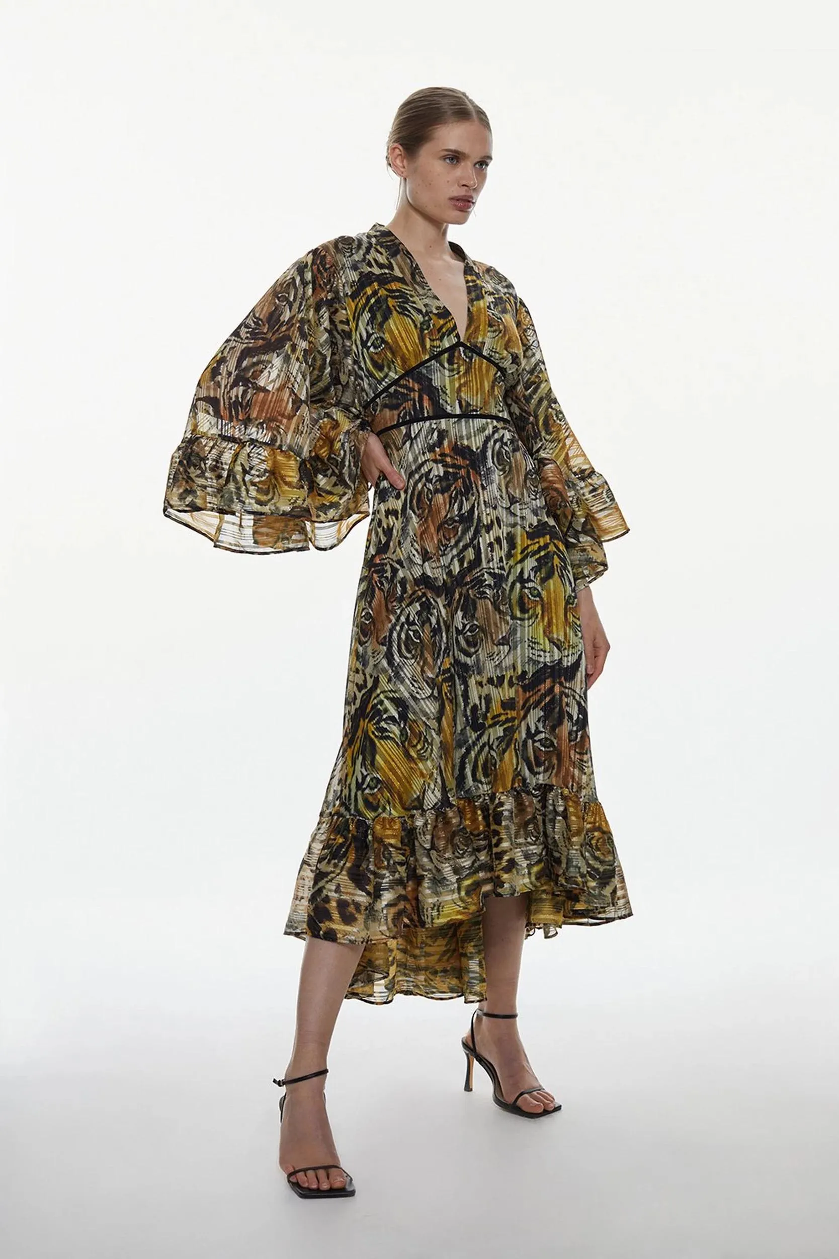Petite Tiger Printed Drama Kimono Woven Mini Dress