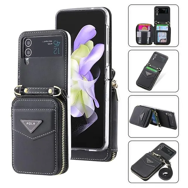 Phone Case For Samsung Galaxy Wallet Case Z Flip 4 Z Flip 3 Portable Wallet Zipper Solid Colored PC PU Leather
