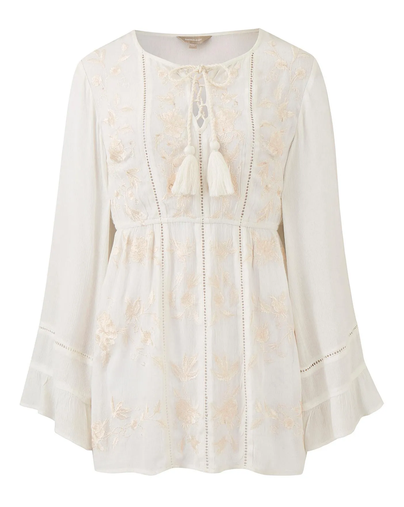Ivory Crinkle Embroidered Tassel Top