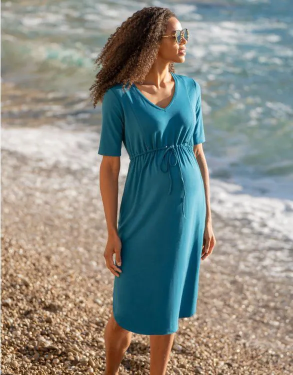 Turquoise Blue Drawstring Maternity to breastfeeding Dress