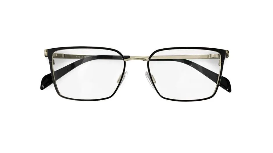 Elegant Kylie glasses in black and pale-gold, with black bio-acetate temple tips.