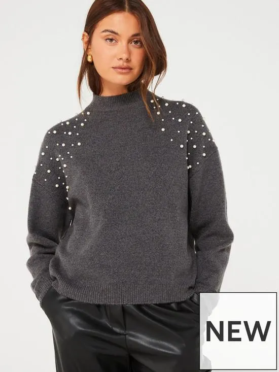 Pearla Embellished Knitted Jumper - Grey