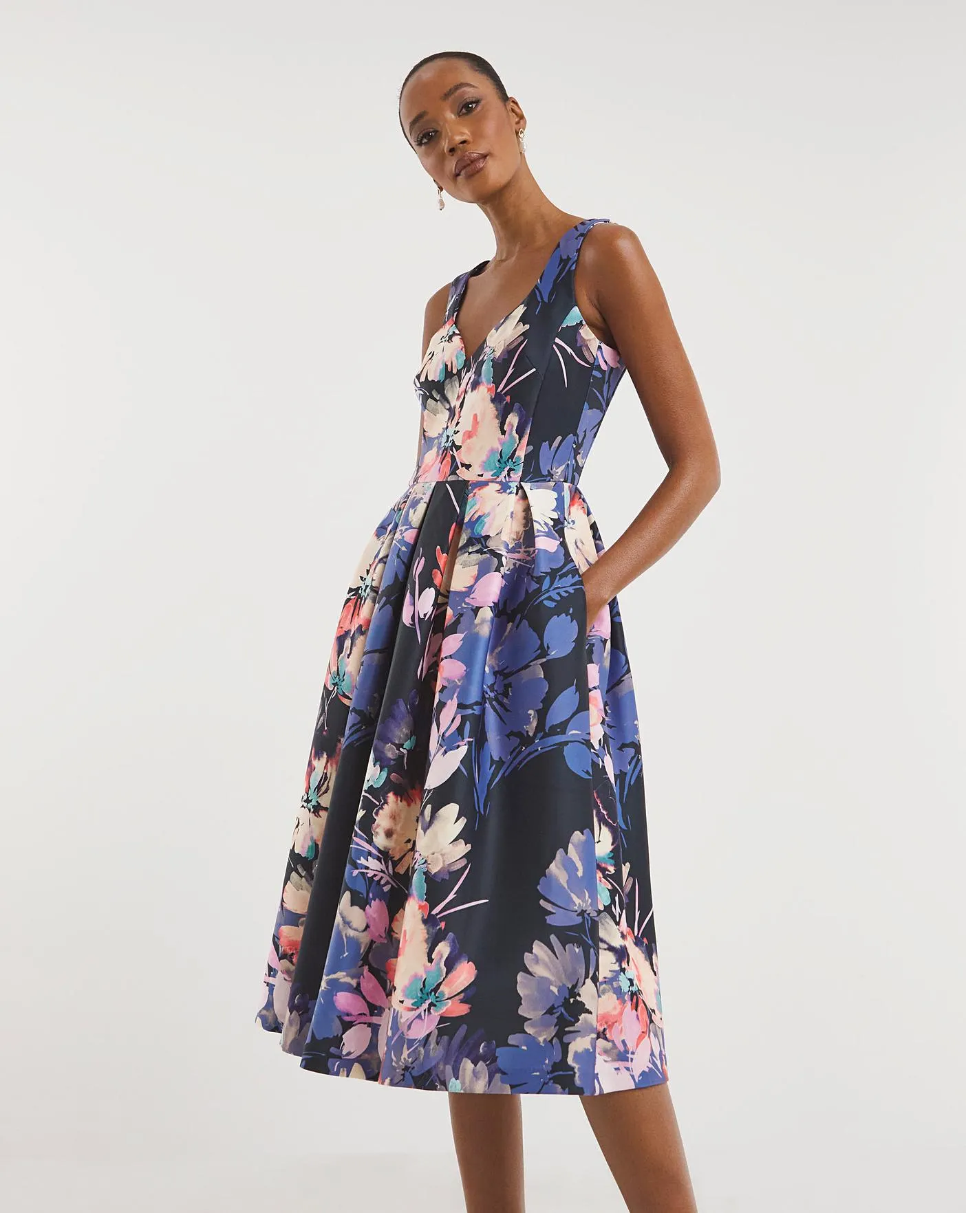 Joanna Hope Blue Floral Scuba Prom Midi Dress