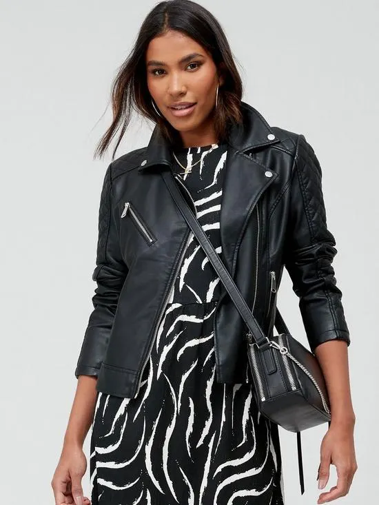 Faux Leather Biker Jacket - Black