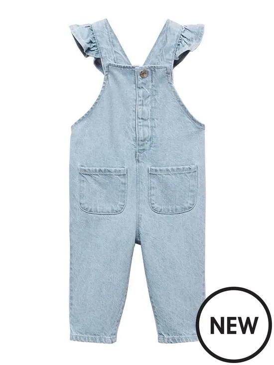 Younger Girls Frill Denim Dungarees - Light Blue
