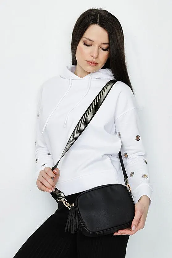 Black Chevron Fancy Strap Crossbody Bag