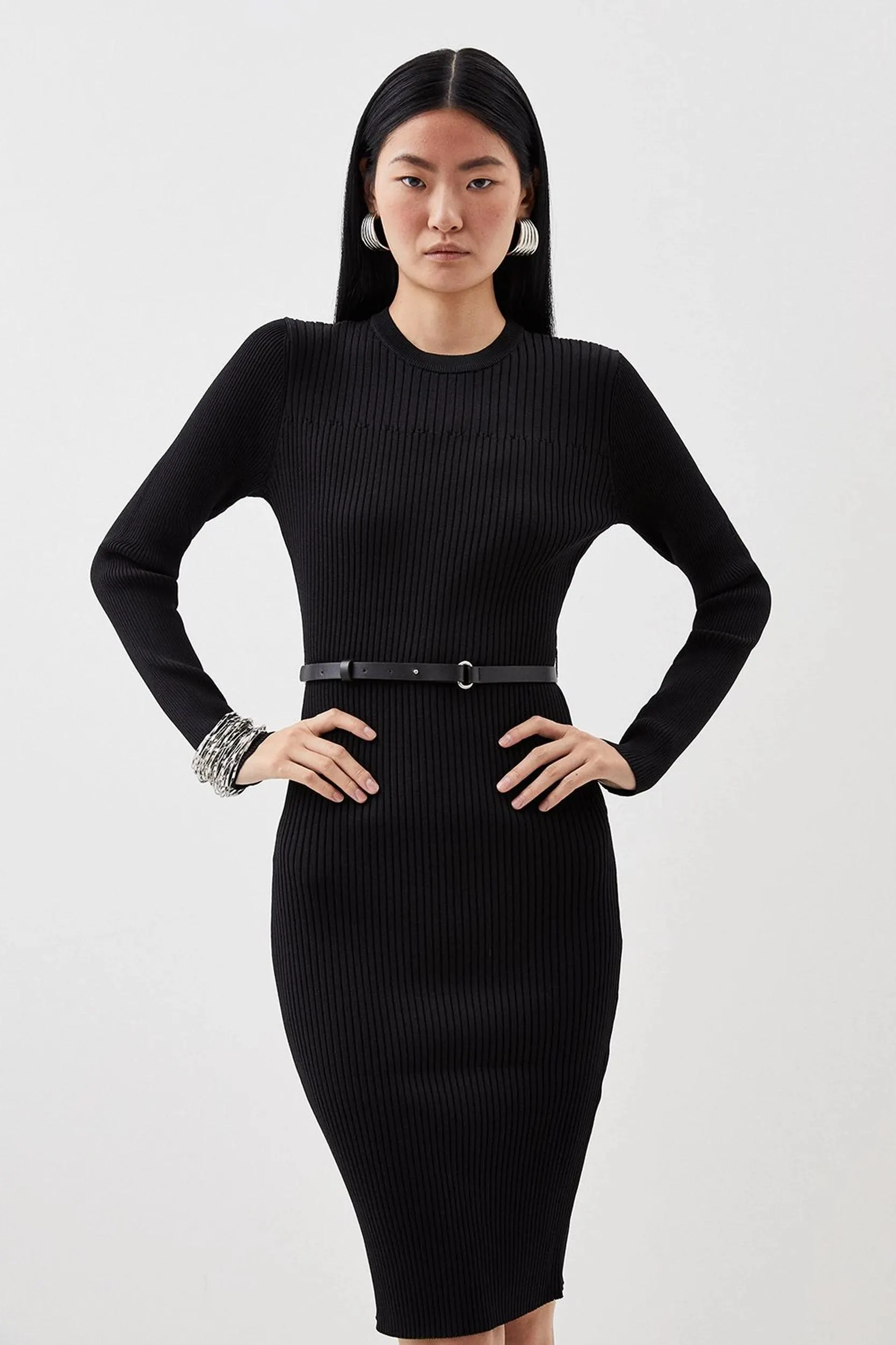 Viscose Blend Rib Knit Belted Midi Dress