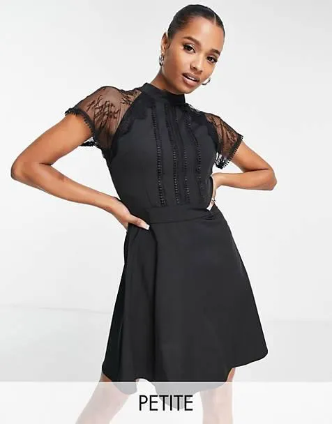 Liquorish Petite embellished front a line mini dress with sheer lace detail sleeves