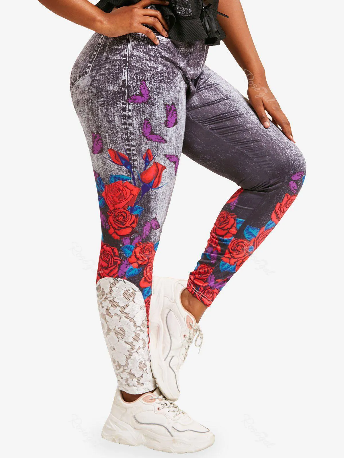 Lace Panel 3D Print Rose Butterfly Plus Size Jeggings - 4x