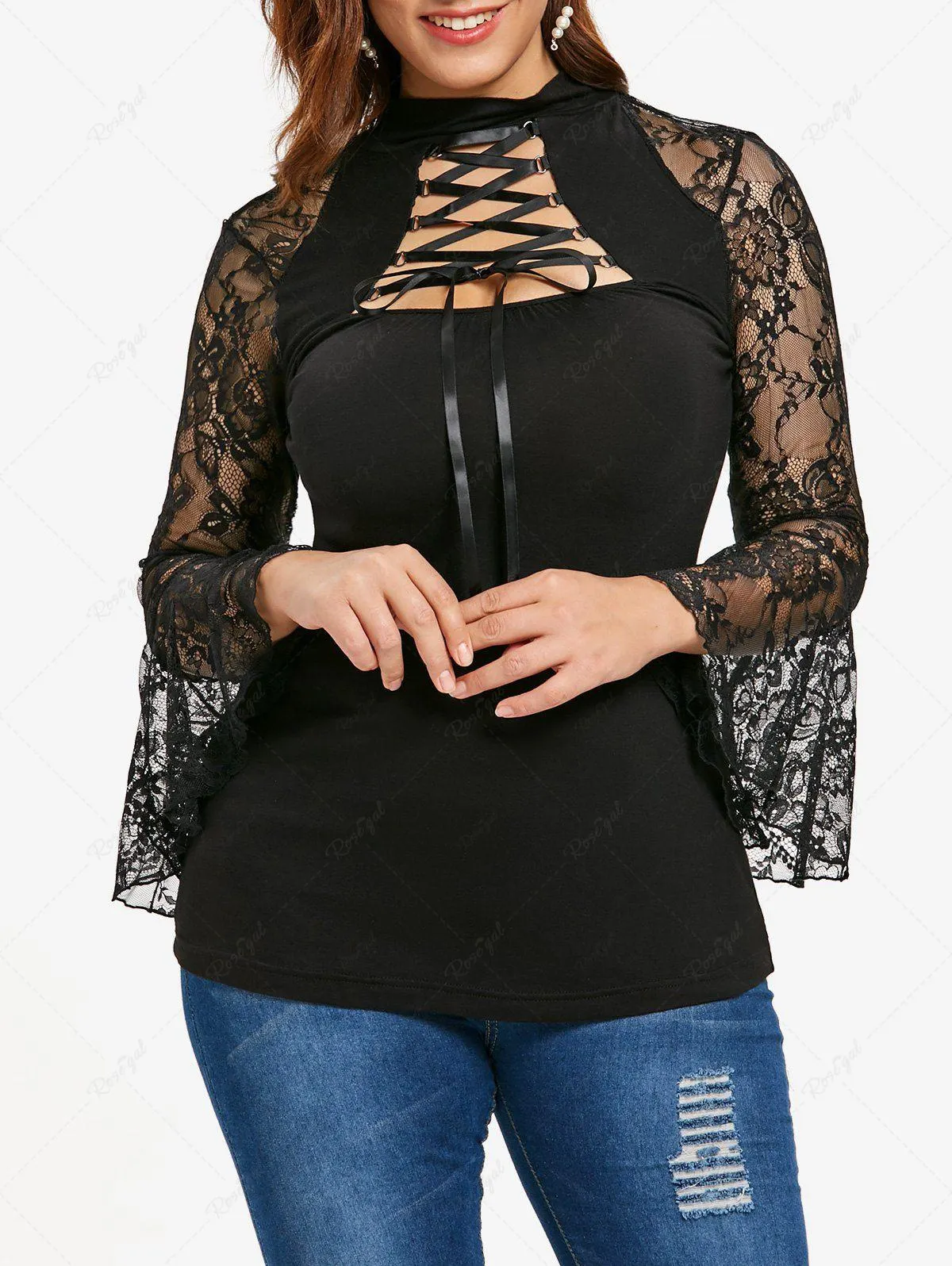 Plus Size Lace-up Floral Lace Flare Sleeves T-shirt - 3x | Us 22-24