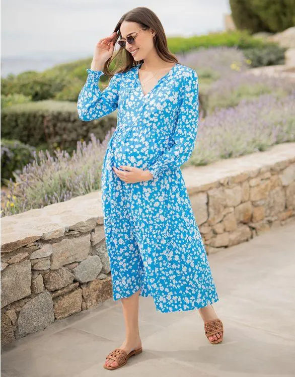 Blue & White Boho Midi Maternity & Nursing Dress