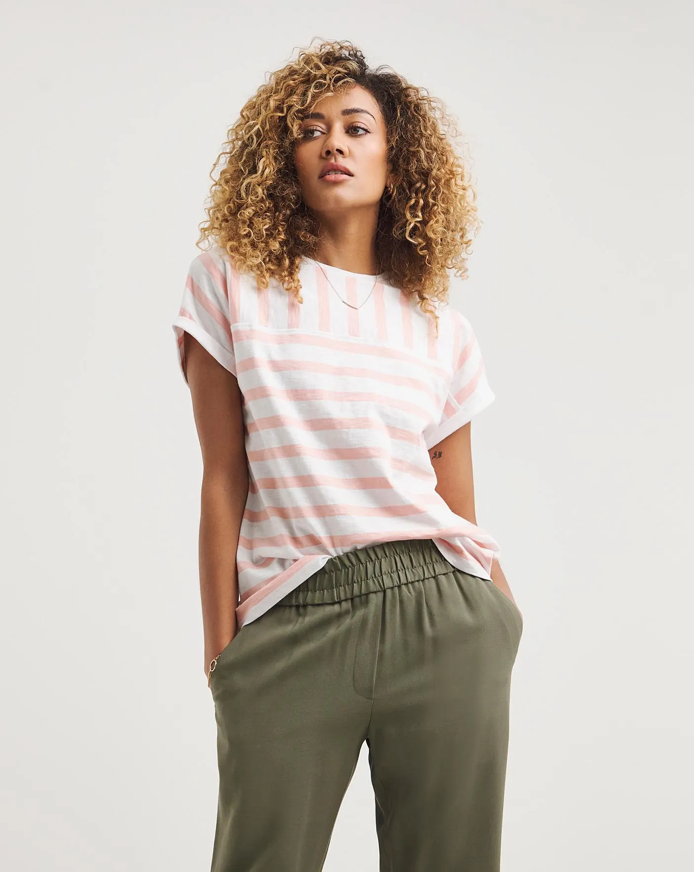 Pink Stripe Cotton Slub Short Sleeve Seam Detail Turn Up Cuff T-Shirt