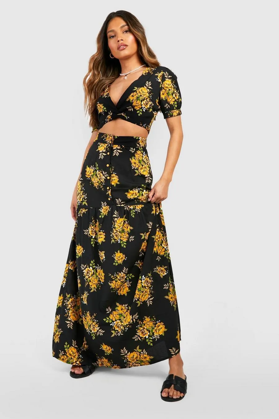 Floral Puff Sleeve Crop & Maxi Skirt