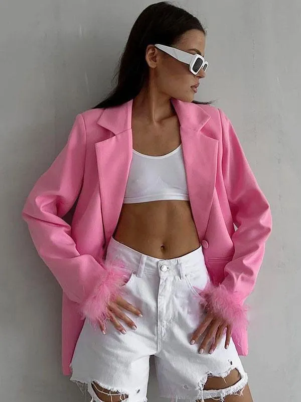 Women's Blazer Chic Turndown Collar Feathers Long Sleeves Polyester