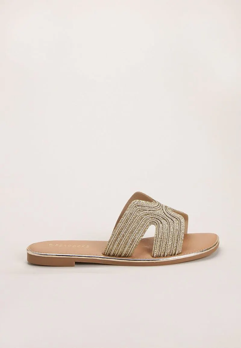 Womens Gold Woven Glitter Flat Sandals