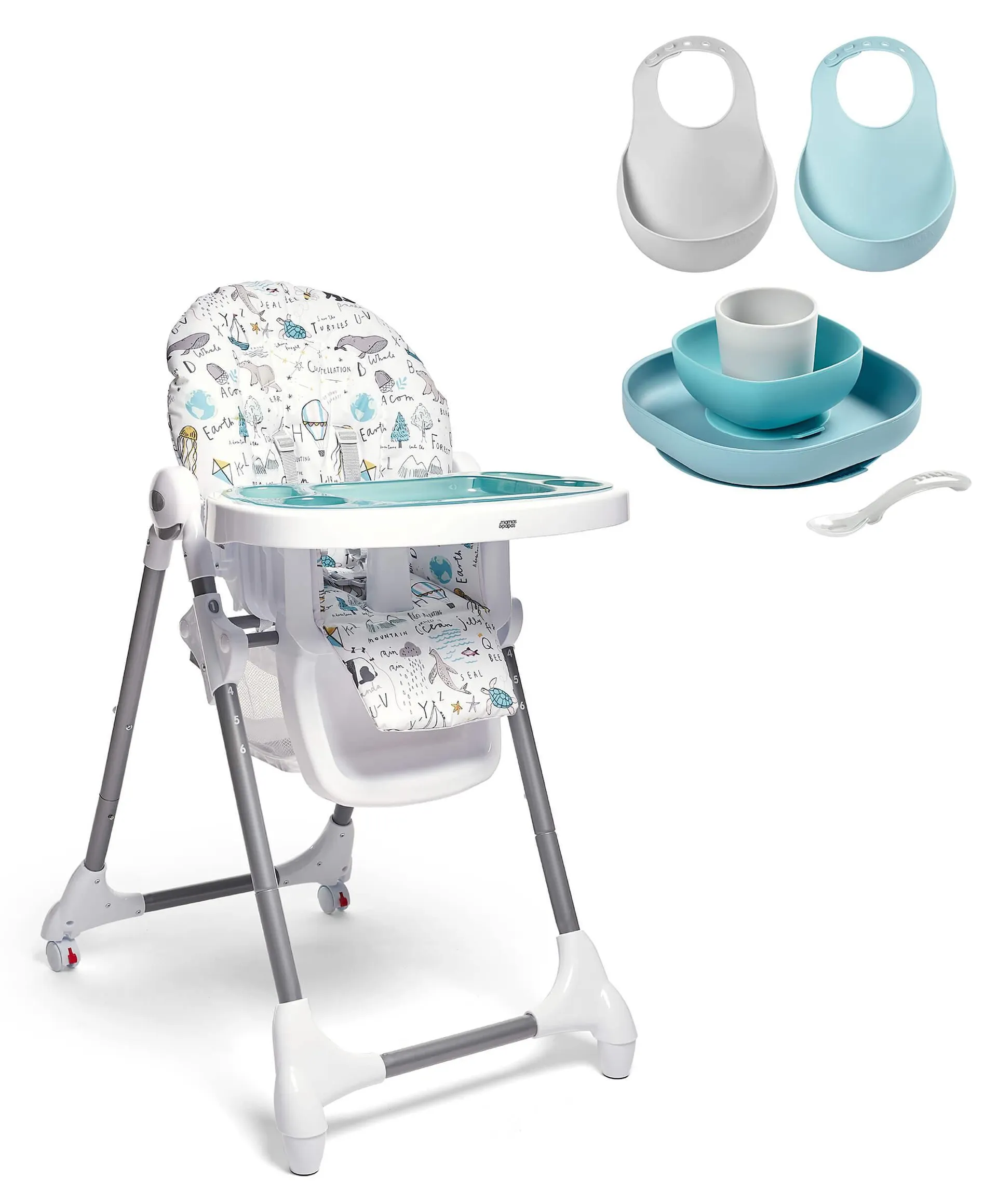 Snax Happy Planet Highchair & Beaba Meal Set with Silicone Bibs - Jungle/Blue