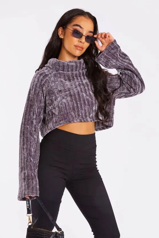 Grey Grey Velvet Crop Jumper With Roller Neck