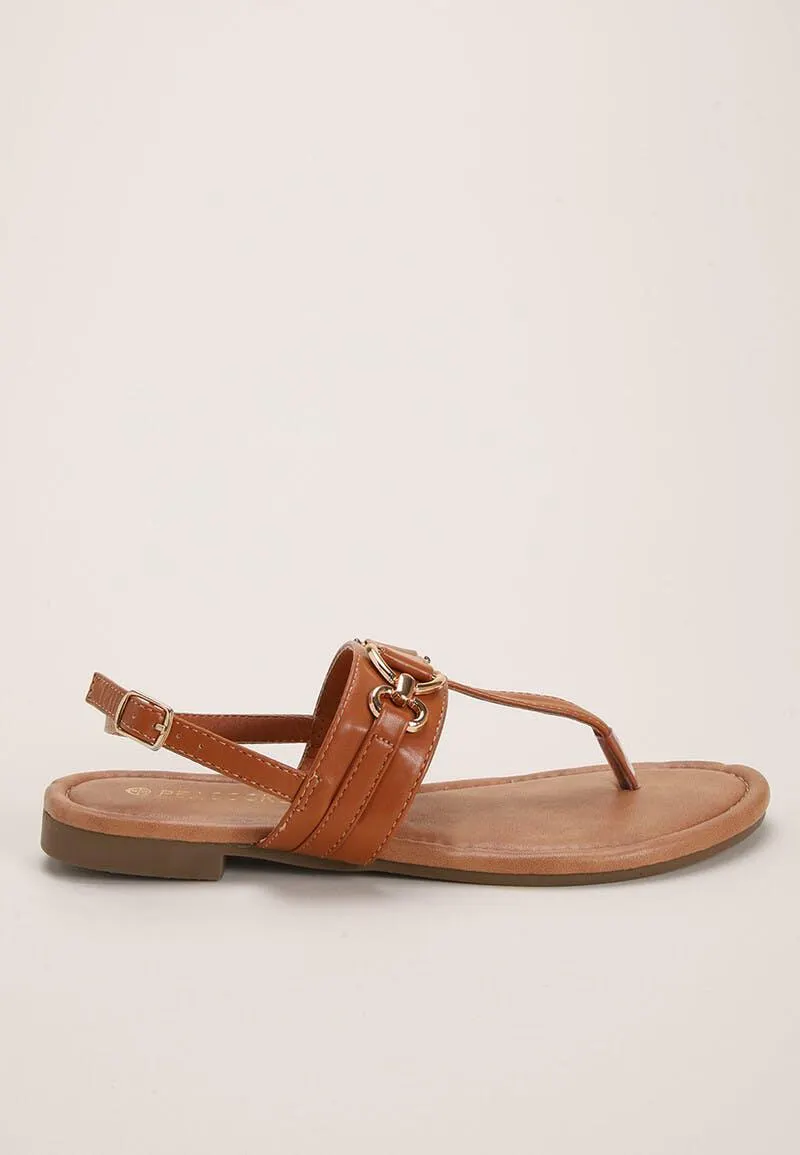 Womens Tan Buckle Toe Post Sandal