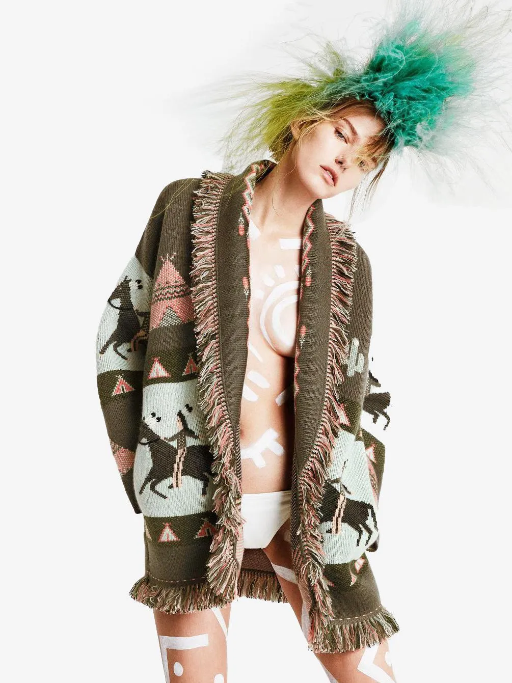 Jacquard Cardigans Tassel Trim Belted Wool Blend Bohemian Inspired Sweater