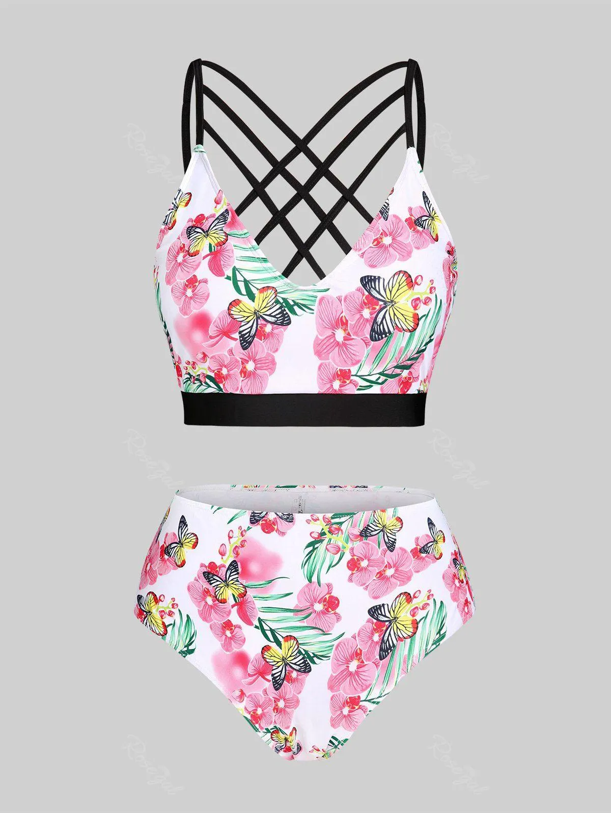 Floral Butterfly Print Crisscross Plus Size & Curve Bikini Swimsuit - 4x