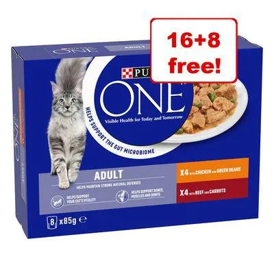 24 x 85g PURINA ONE Wet Cat Food Pouches - 16 + 8 Free!*