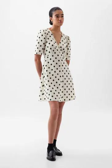Polka Dot Linen Cotton Elbow Sleeve Mini Dress