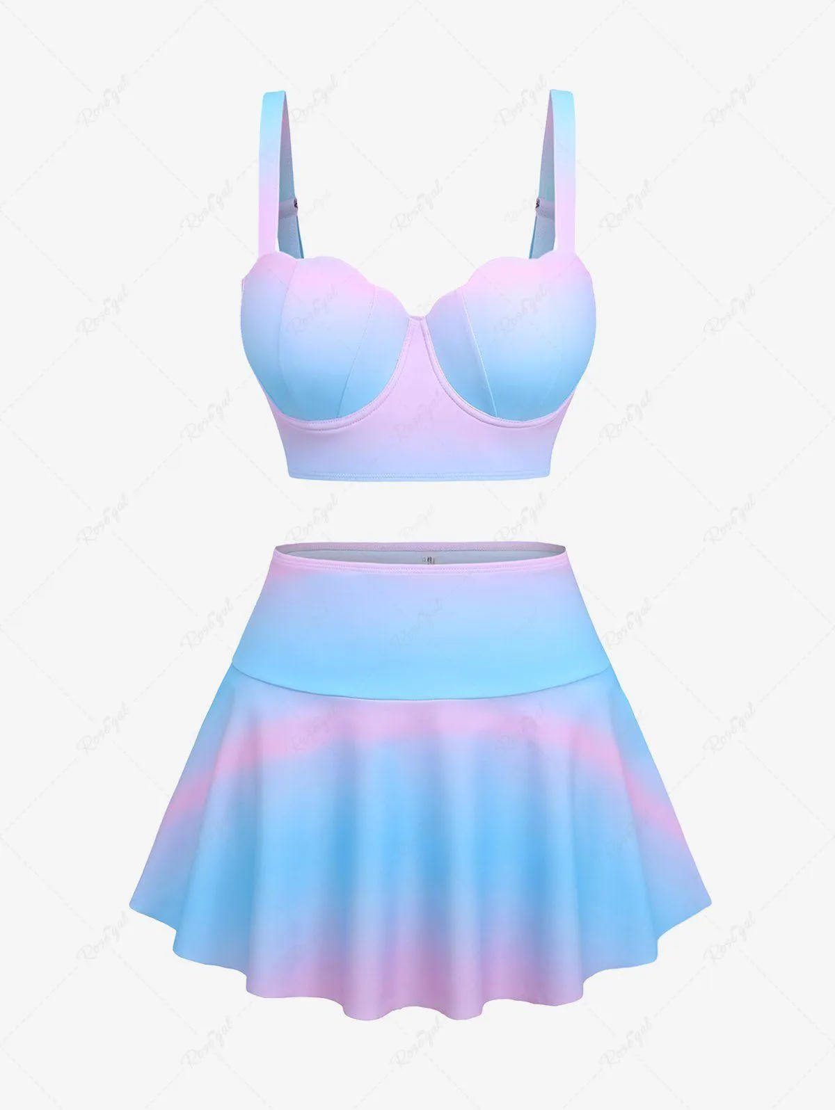 Plus Size Ombre Colorblock Print Shell Skirt Tankini Set - M | Us 10
