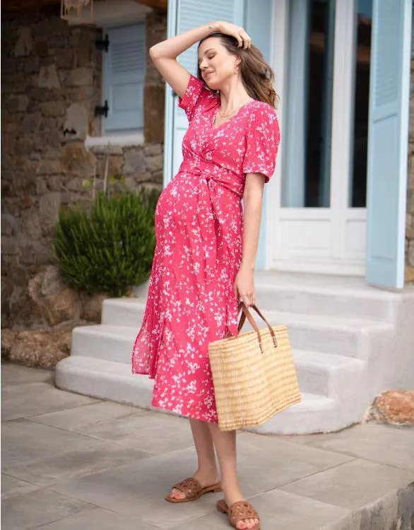 Raspberry Floral Maternity & Nursing Midi Dress