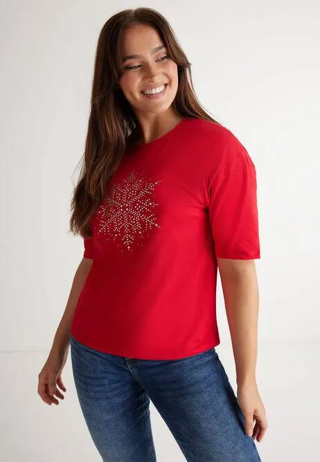 Womens Red Novelty Snowflake Christmas T-Shirt