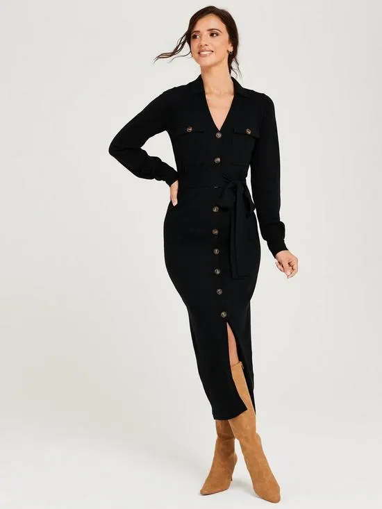 Button Through Knitted Midi Dress - Black