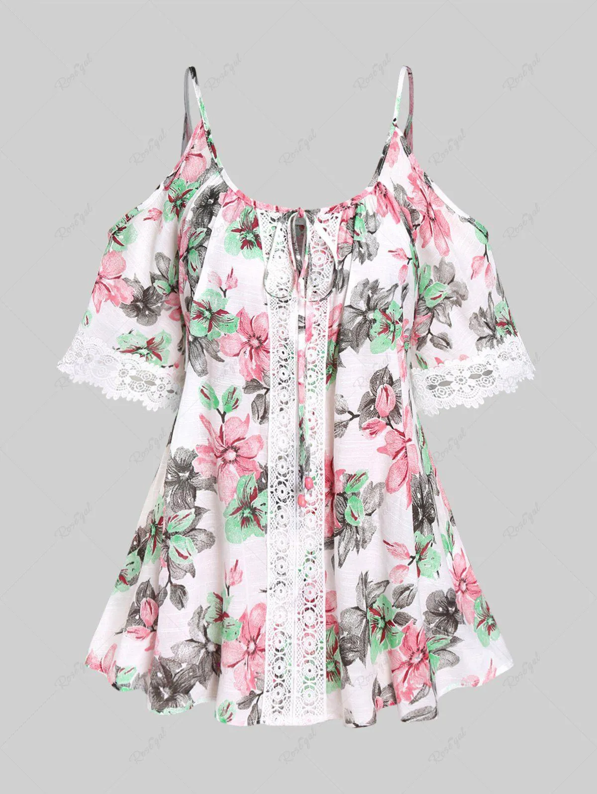 Plus Size Guipure Lace Panel Tie Floral Cold Shoulder Top - 4x | Us 26-28