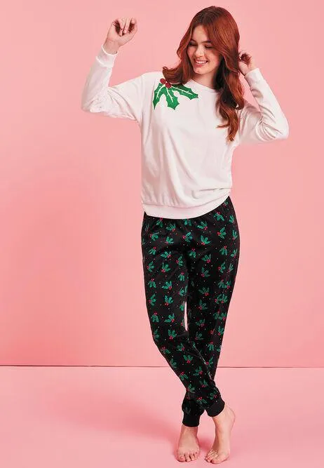 Womens Cream Xmas Holly Baby Fleece Pyjamas