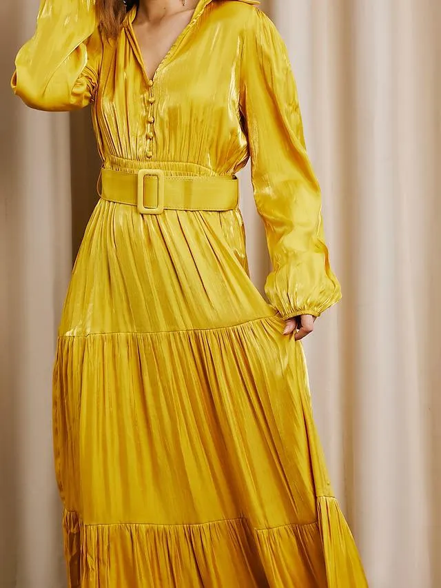 Women's Party Dress Satin Dress Wedding Guest Dress Long Dress Maxi Dress Yellow Long Sleeve Plain Pure Color Ruffle Button With Belt Spring Fall Winter Shirt Collar Fashion Party A-line Winter Dress