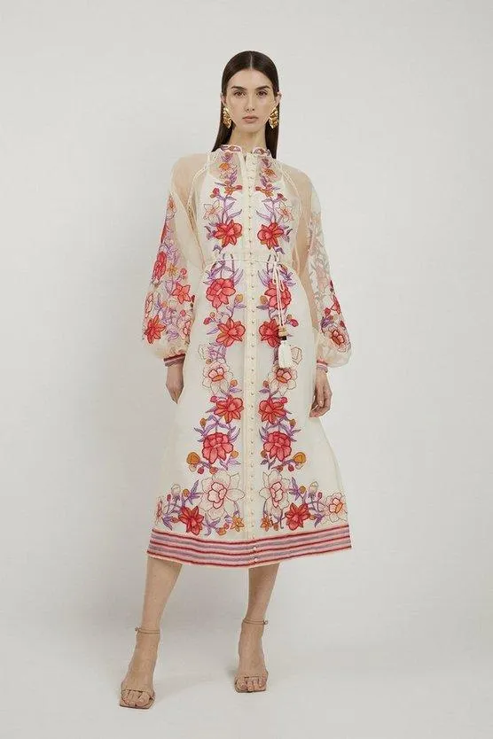 Floral Placed Embroidery Organdie Woven Midi Dress
