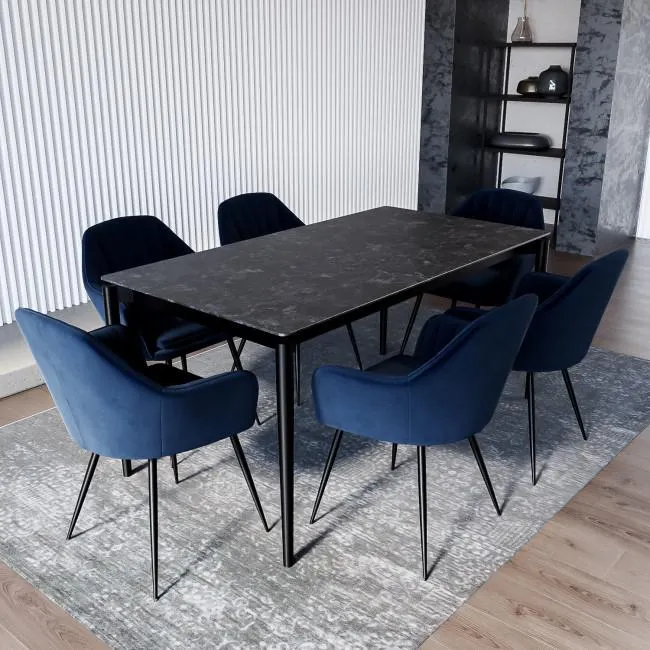 Black Marble Extendable Dining Table with 6 Navy Velvet Dining Chairs - Camilla