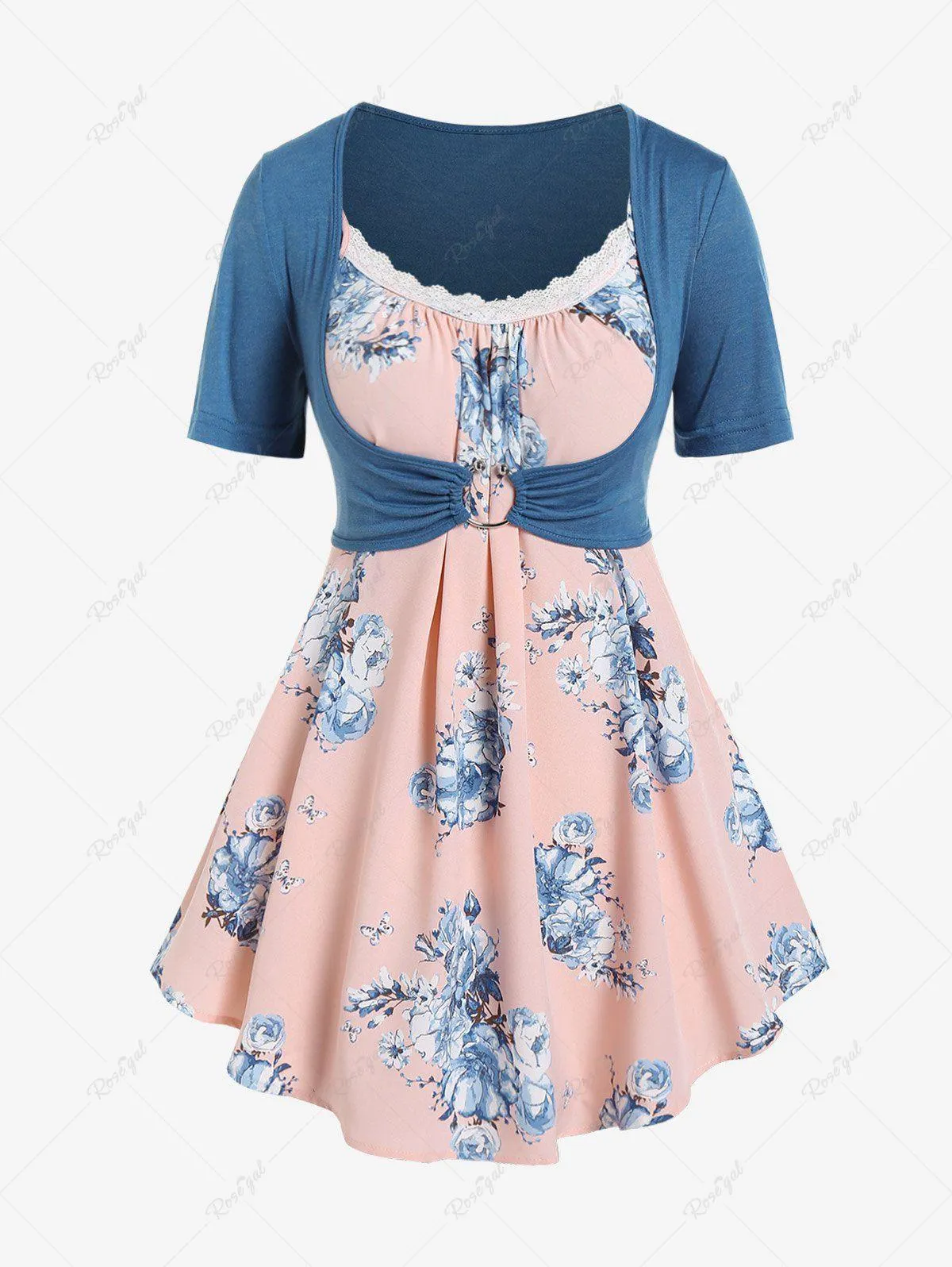 Plus Size O-ring Crop Top and Lace Panel Floral Cami Top Set - 1x | Us 14-16