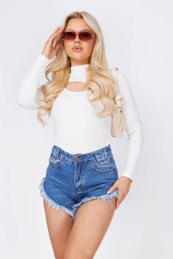 MIDWASH High waisted distressed hem denim shorts
